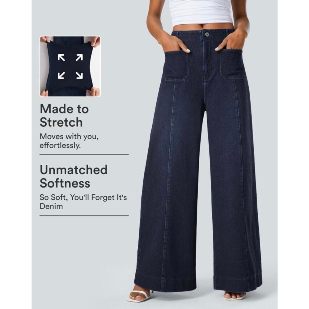 Halara Flex High Waisted Pockets Washed Casual Wide Leg Jeans Medium - Picture 2 of 12